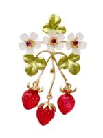 Брошь "Земляника с цветочками" (цветная в золоте)